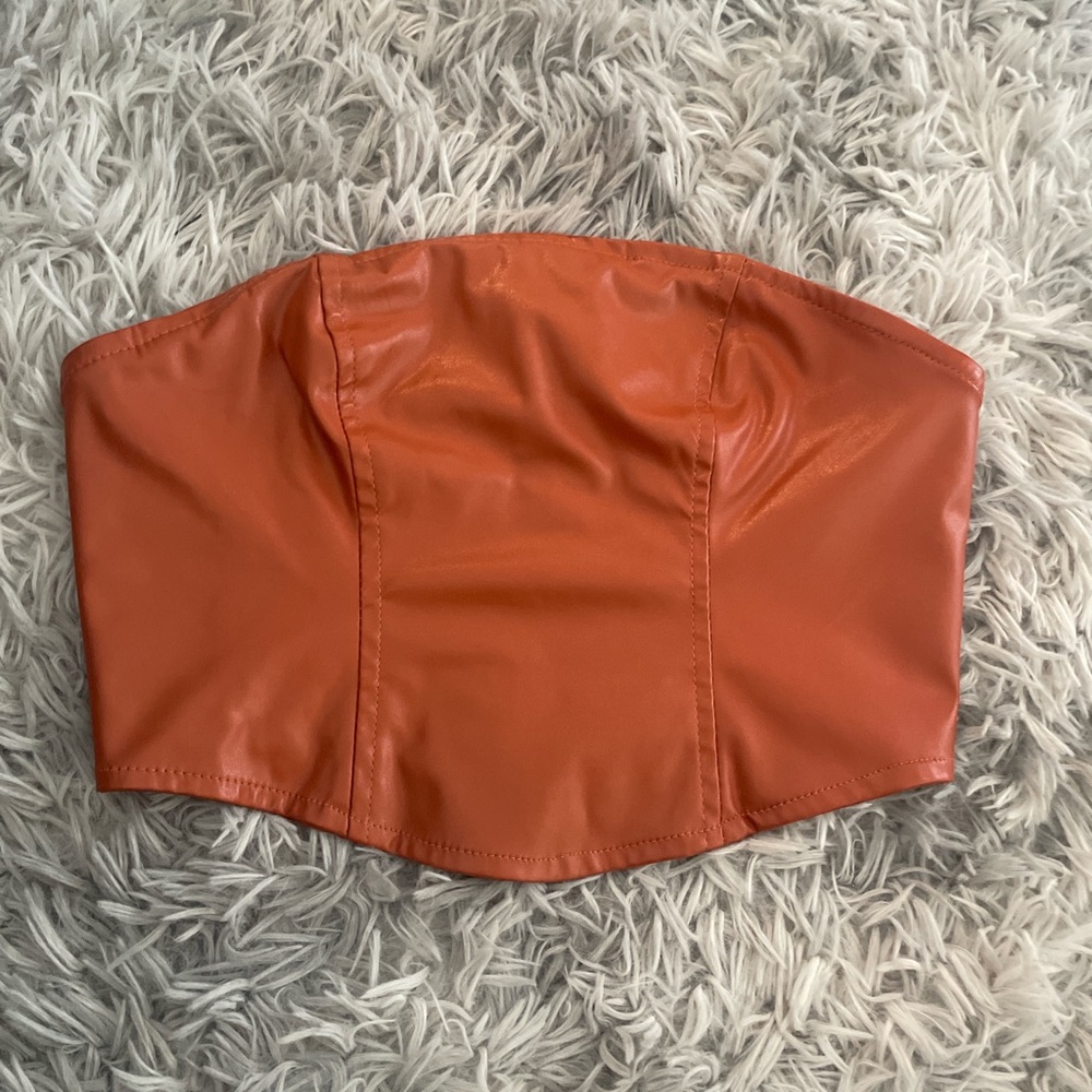 Orange Faux Leather Strapless Top